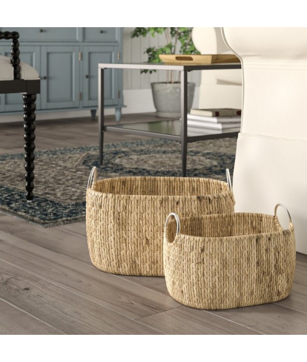 2 Pieces of reed woven storage basket nesting set
