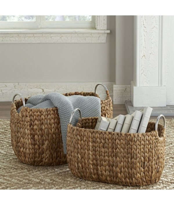2 Pieces of reed woven storage basket nesting set