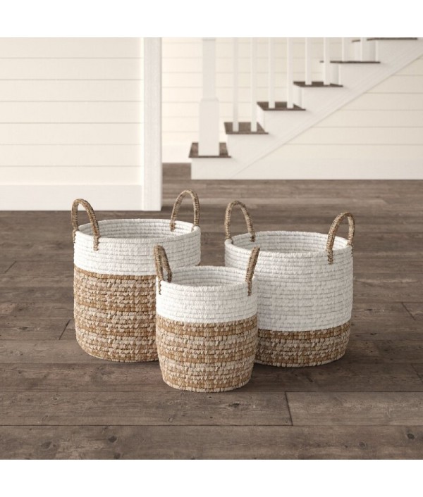 3-piece natural raffia fiber wicker basket set