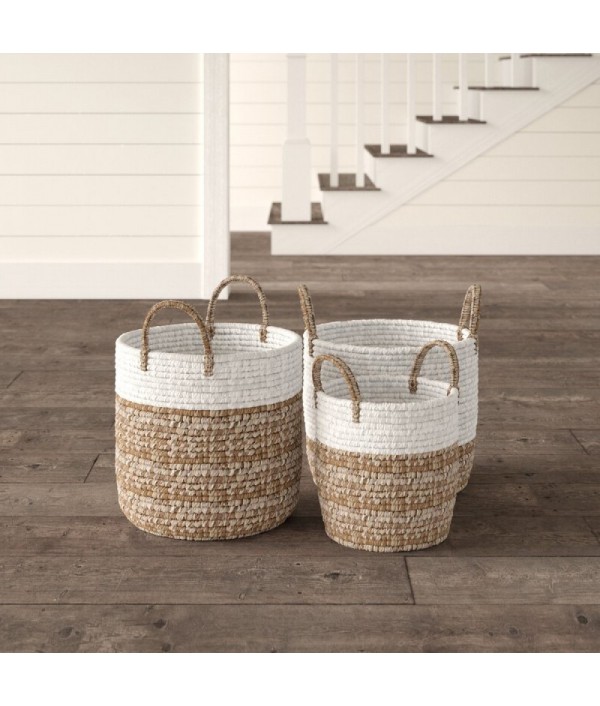 3-piece natural raffia fiber wicker basket set