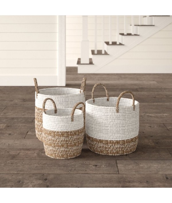 3-piece natural raffia fiber wicker basket set