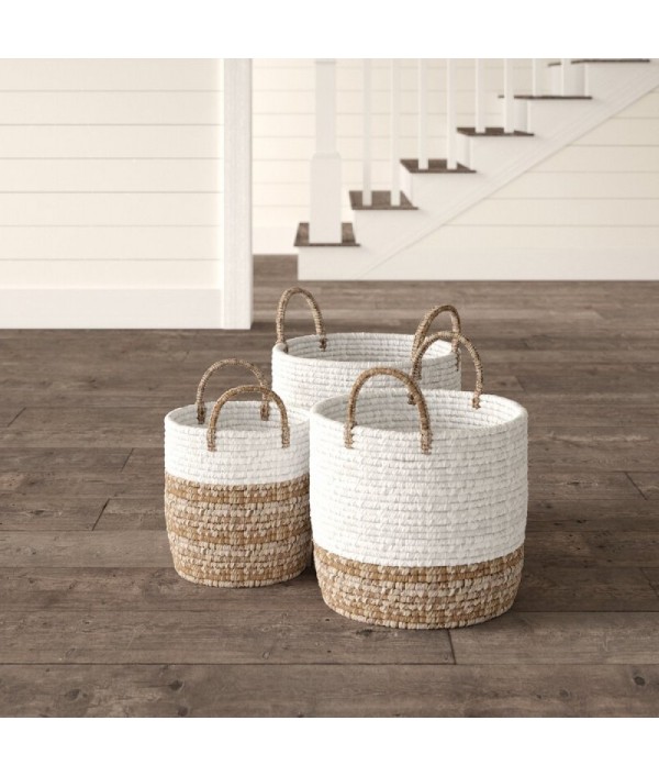 3-piece natural raffia fiber wicker basket set